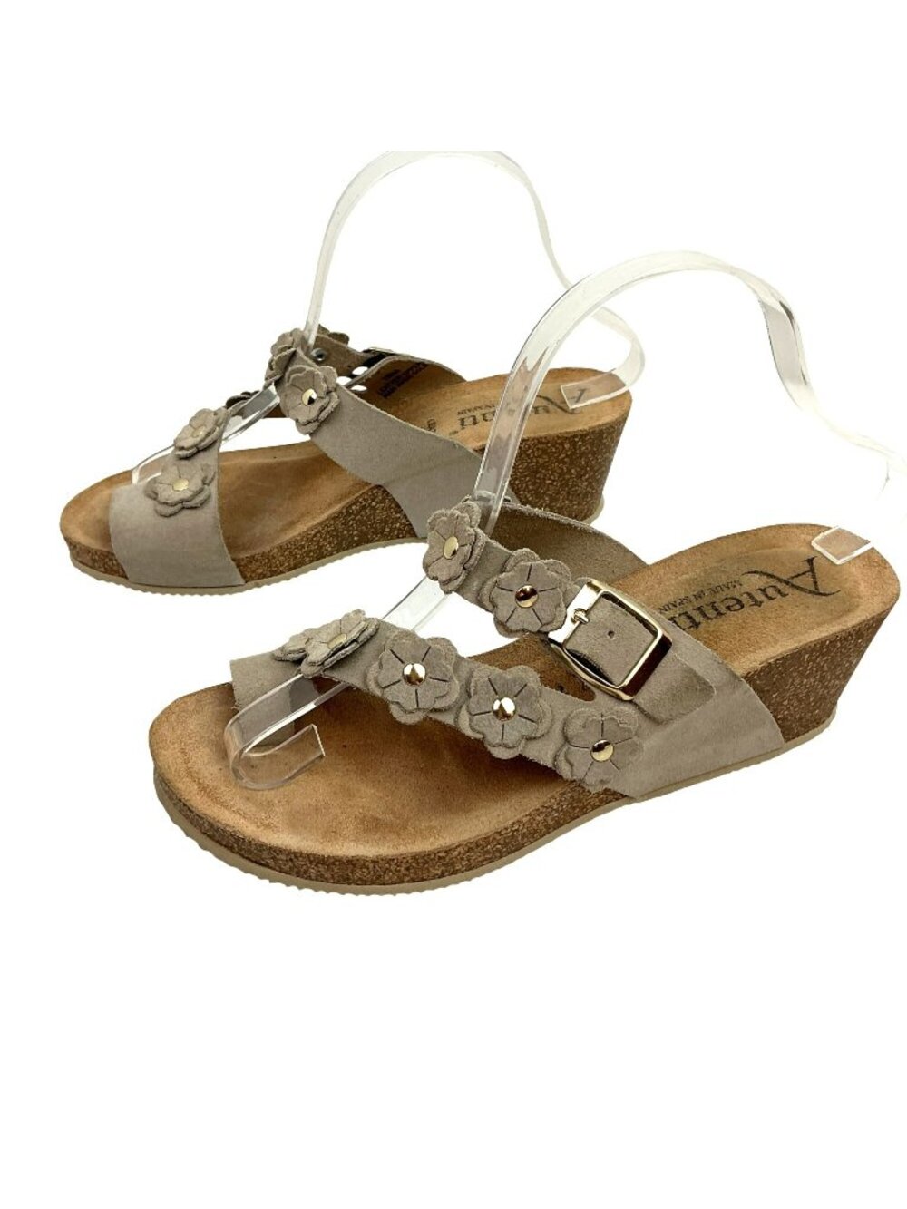 Autenti Suede Leather Flower-Accent Cork Wedge Sandals Womens 8.5-9 Beige Made I